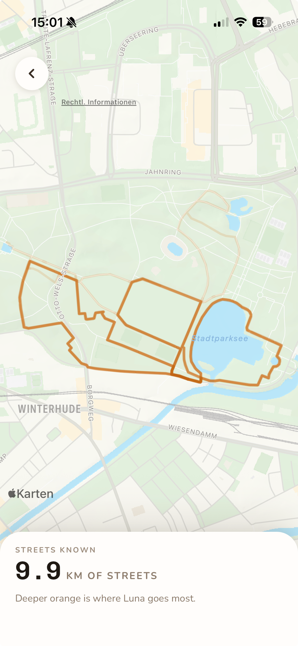 Walkary-Gebietskarte: alle Runden rund um den Stadtparksee übereinander, 9,9 km bekannte Straßen