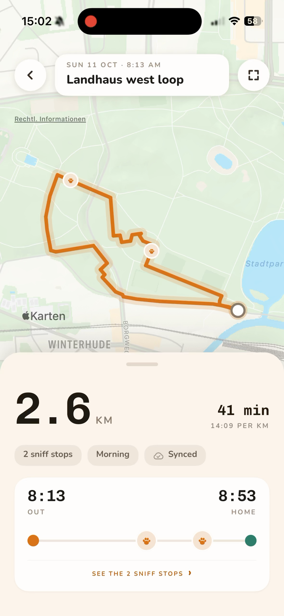 Walkary-Rundendetails: die Route auf der Karte, 2,6 km in 41 Minuten, los um 8:13, zurück um 8:53